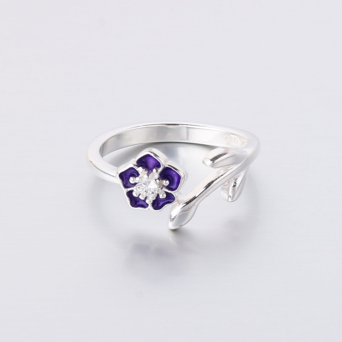 018-S925 Silver Purple Porcelain Glazed Flower Elegant Women's Ring