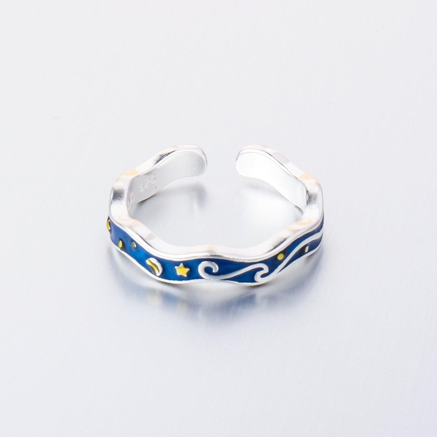 043-Blue enameled wave ring with Van Gogh's Starry Night, gold stars | 925 open silver rings