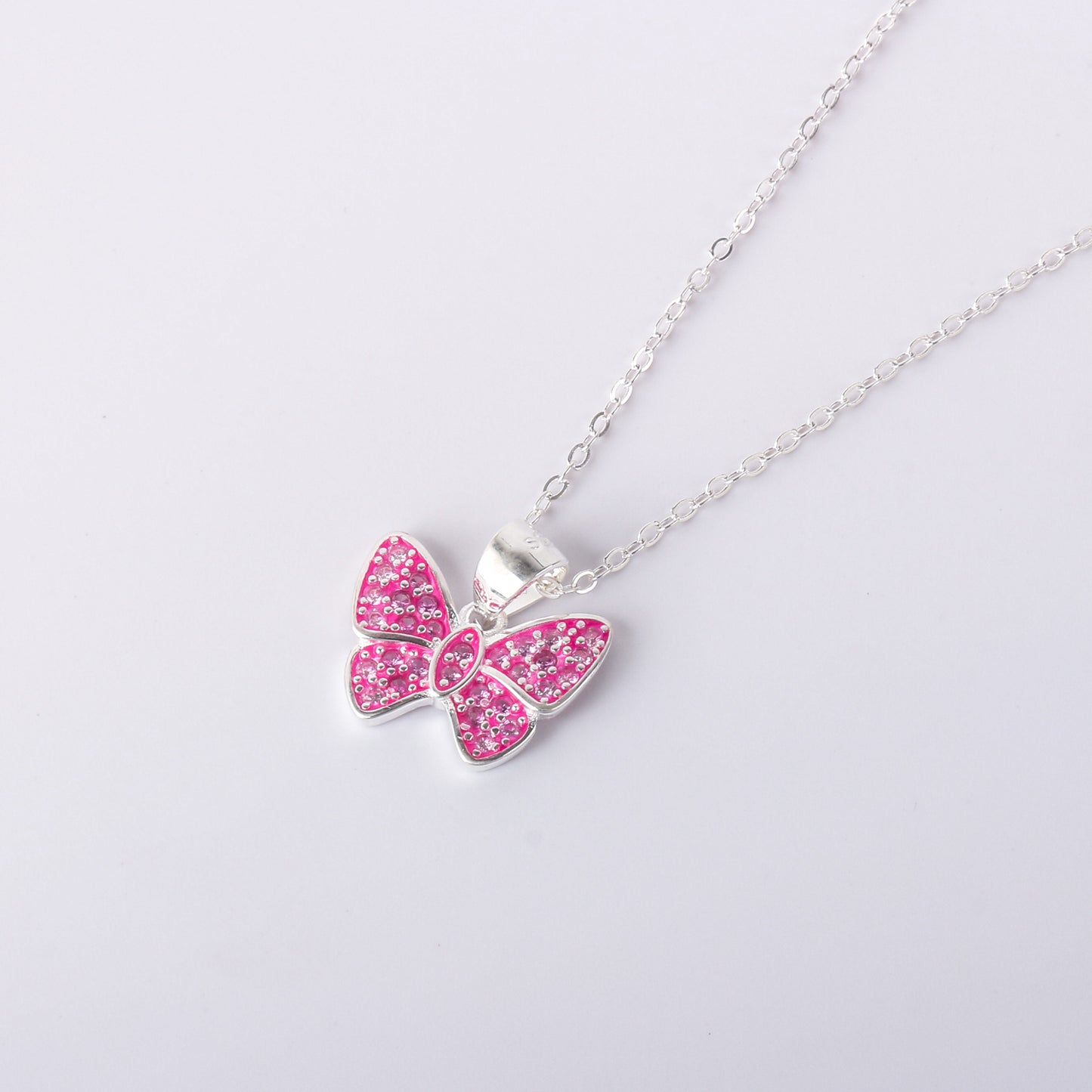 031-S925 Silver Pink Enamel Zircon Butterfly Necklace