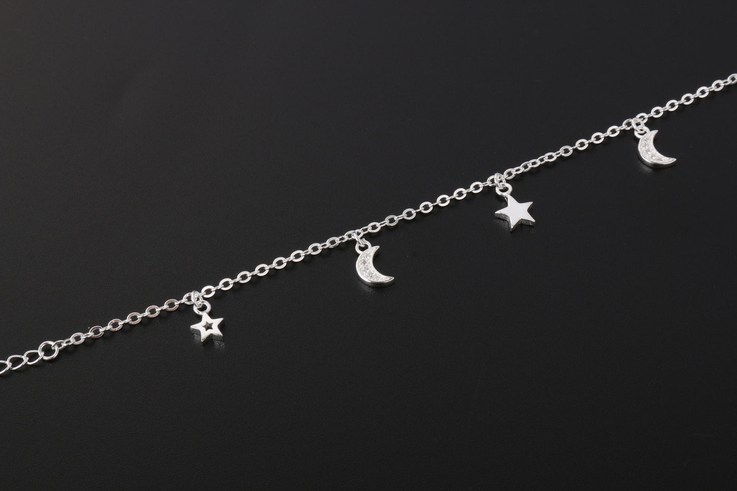 035-S925 Silver White Zircon Star Moon Women's Bracelet