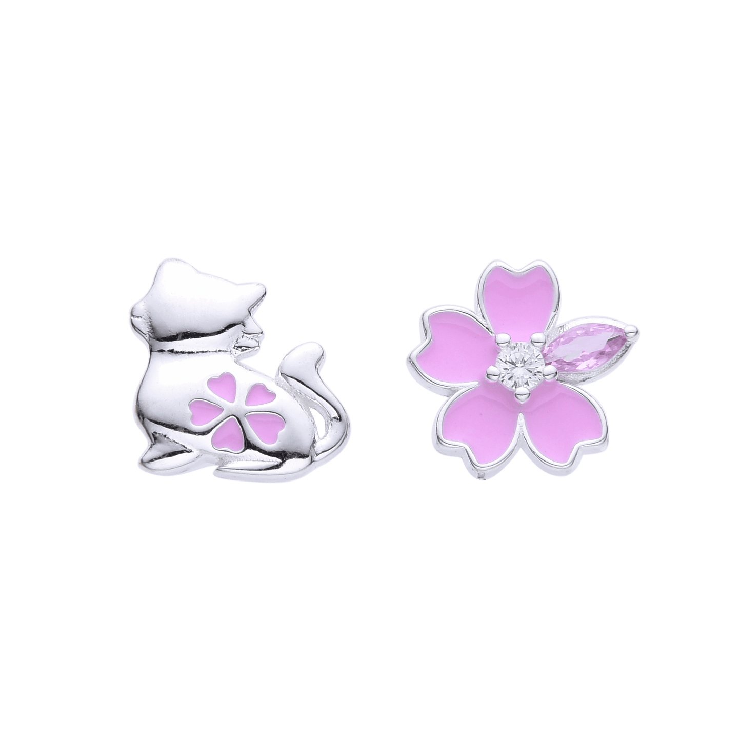 S925 Silver Pink Zircon Flower and Puppy Cat Earring