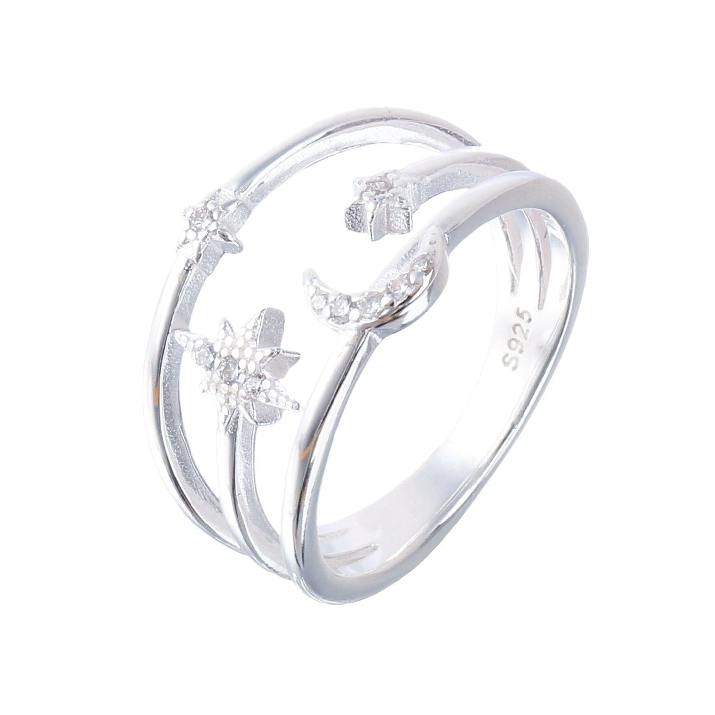 010-S925 Silver White Zircon Star and Moon Lady Ring