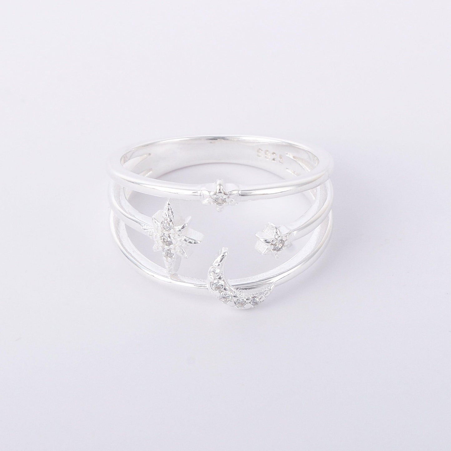 010-S925 Silver White Zircon Star and Moon Lady Ring
