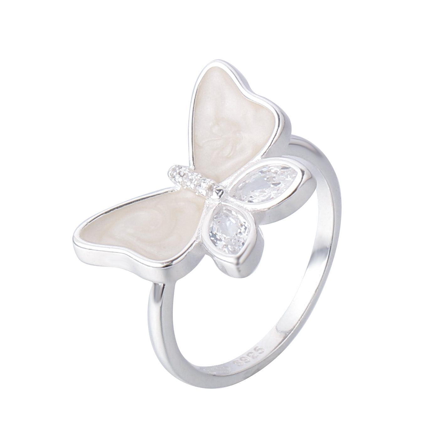 042-S925 Silver White Enamel Zircon Butterfly Ring