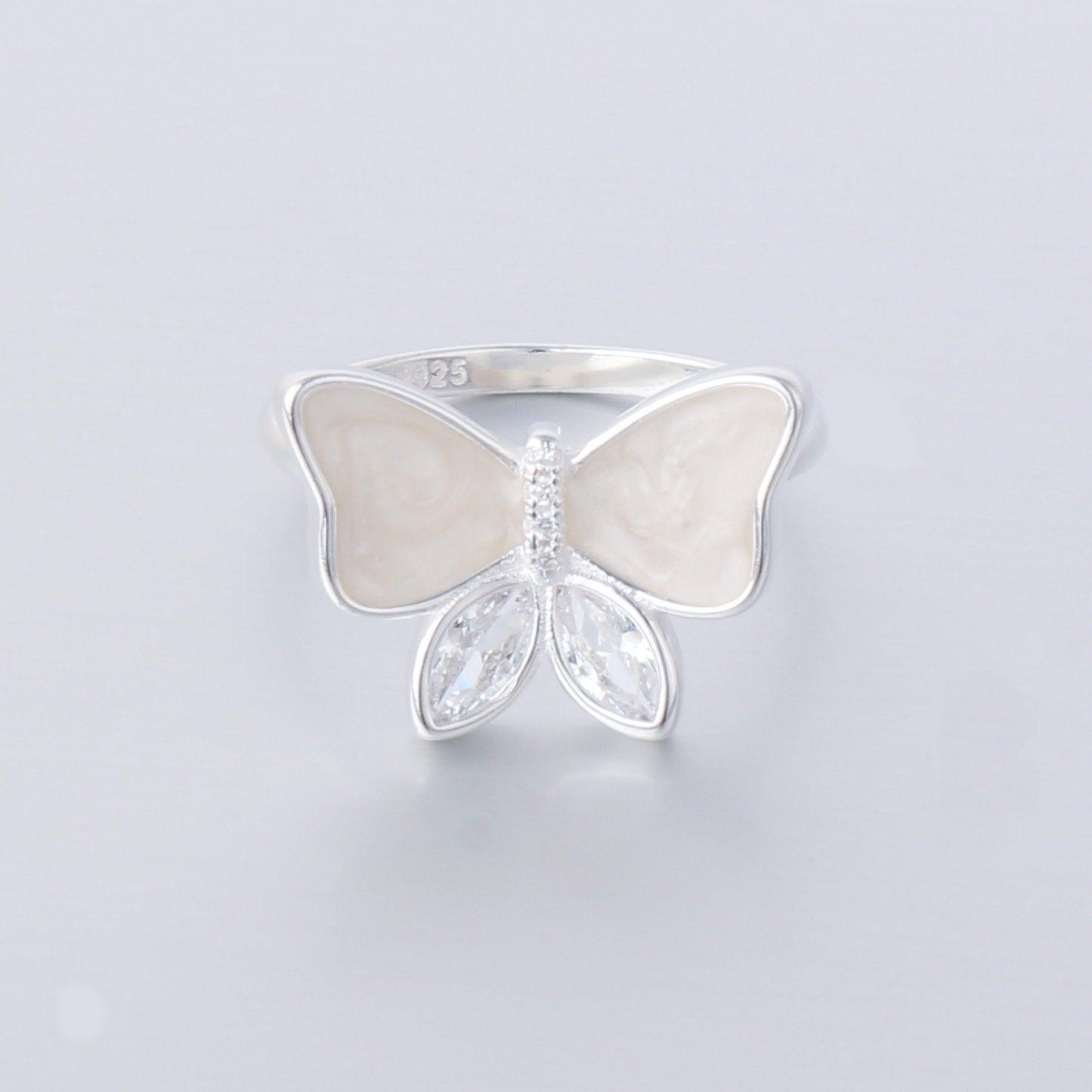 042-S925 Silver White Enamel Zircon Butterfly Ring
