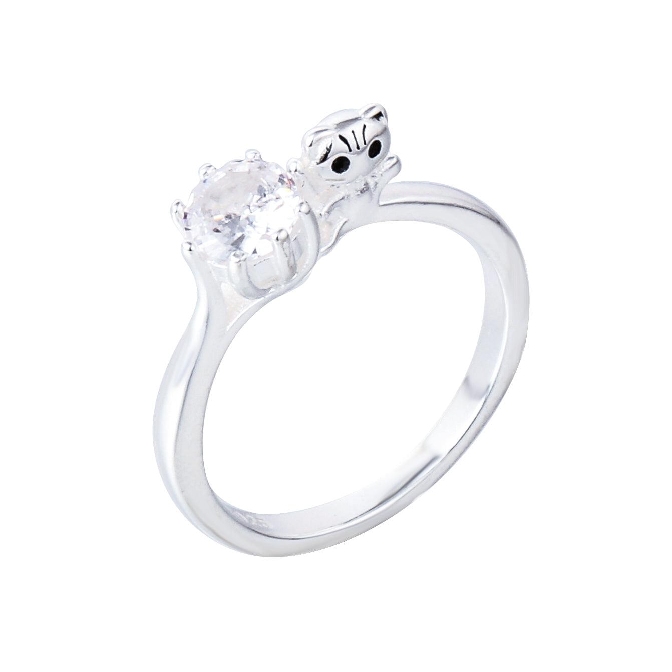 017-S925 silver white zircon cute cat lady ring