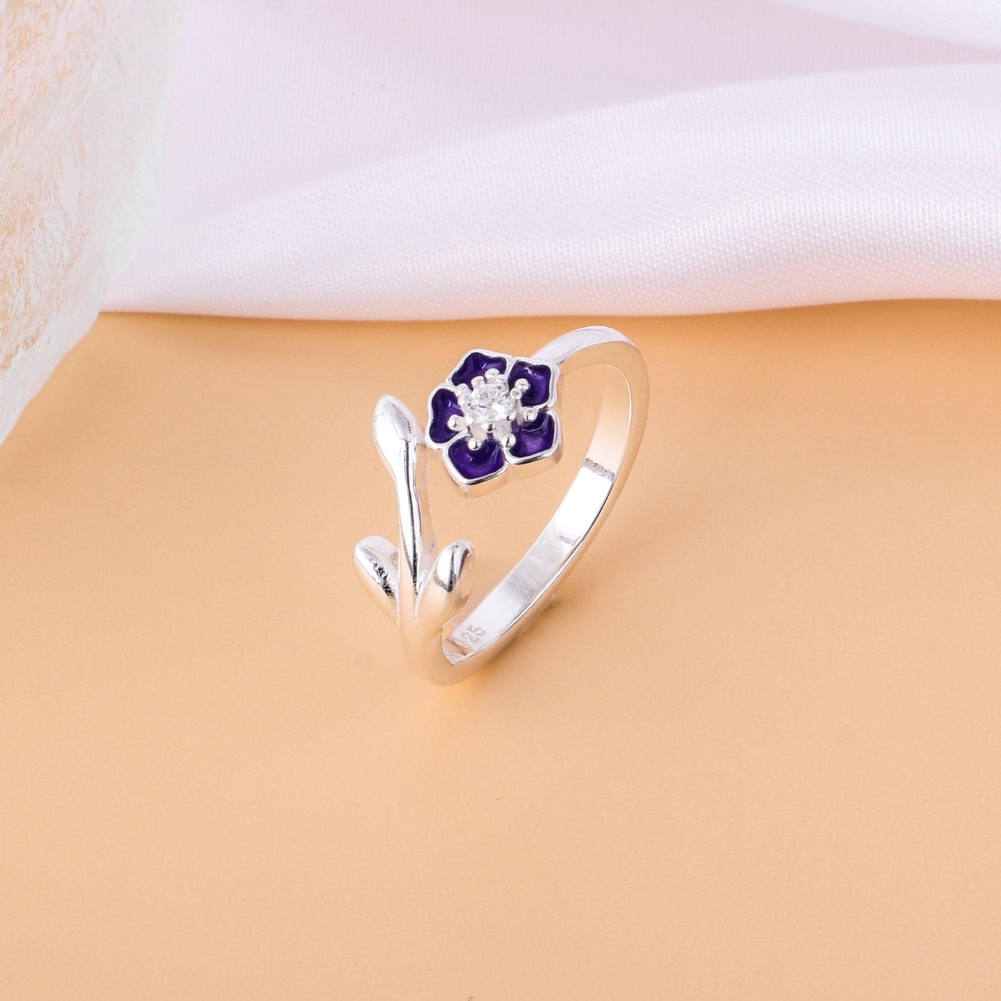 018-S925 Silver Purple Porcelain Glazed Flower Elegant Women's Ring