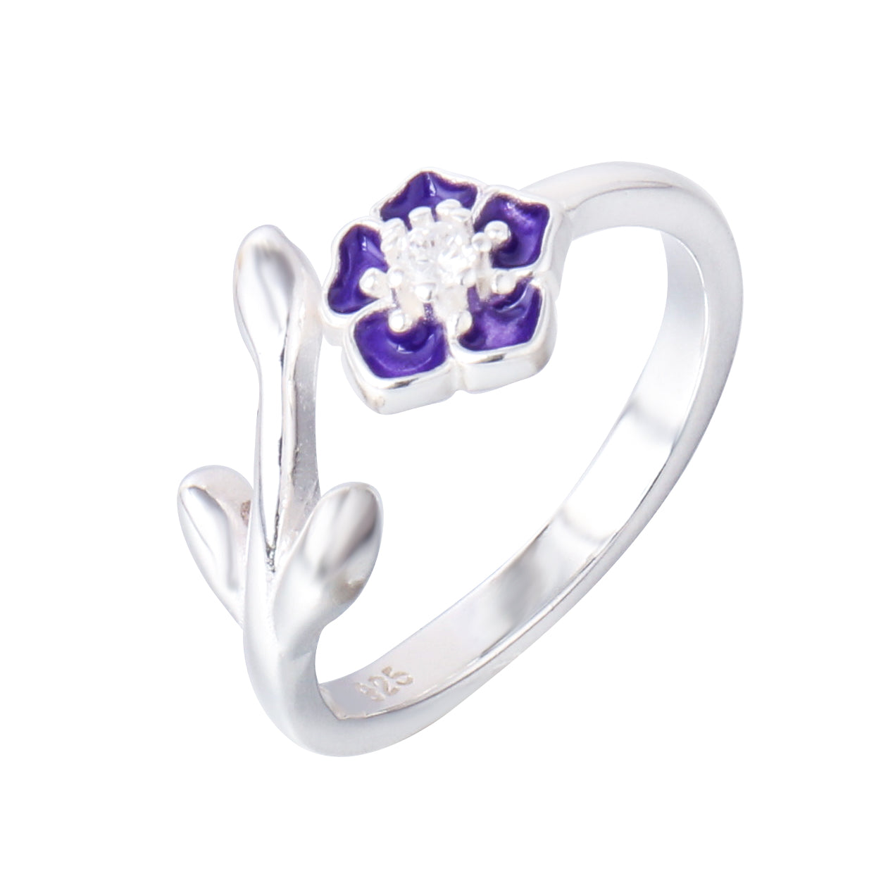 018-S925 Silver Purple Porcelain Glazed Flower Elegant Women's Ring