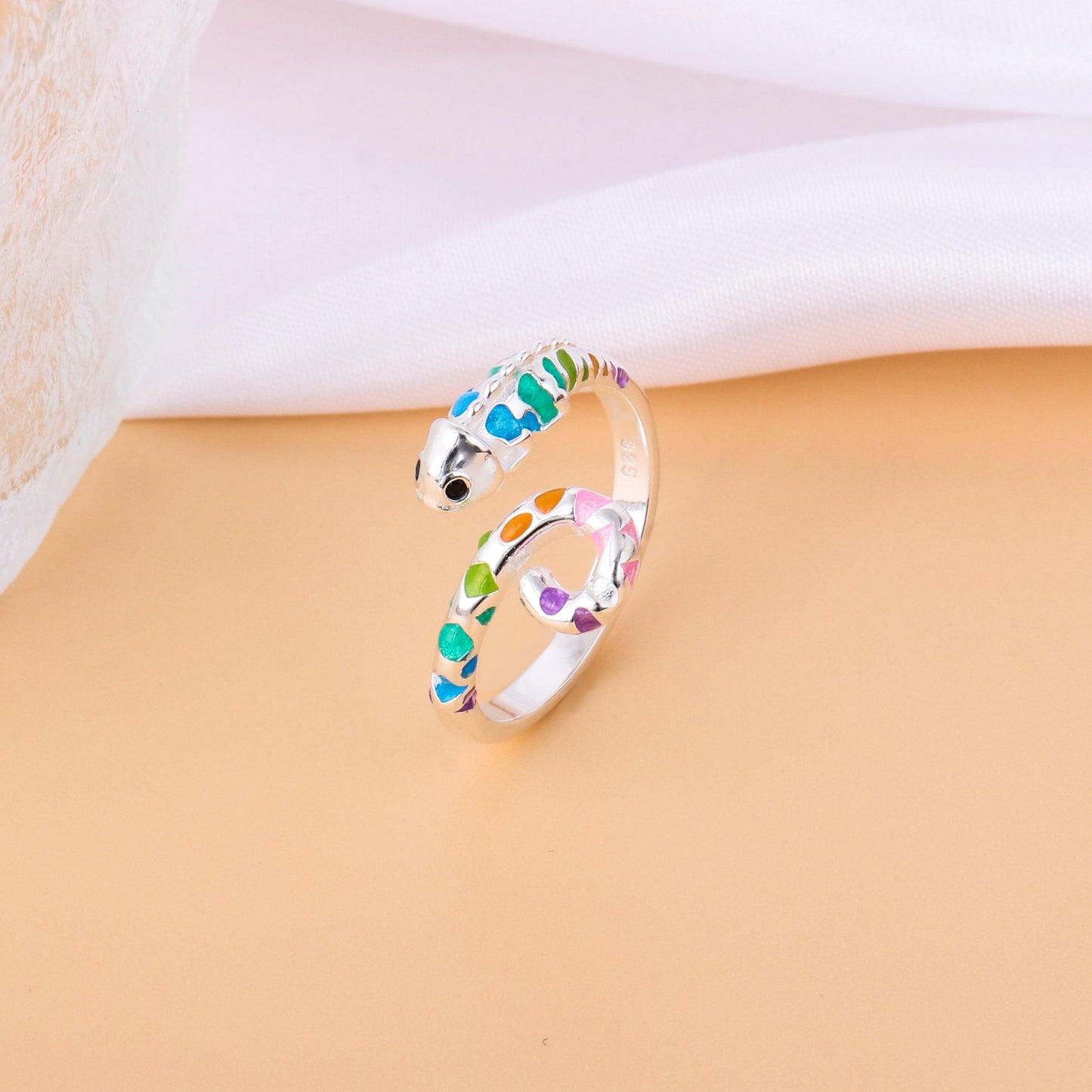 020-S925 silver enamel chameleon funny ring
