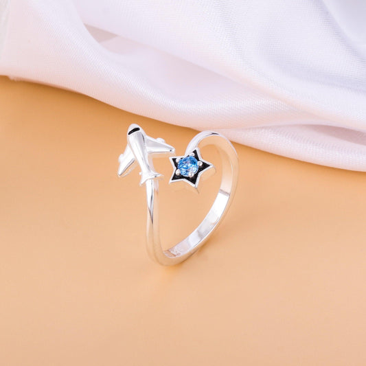 021-S925 silver enamel blue zircon star and airplane cute ring