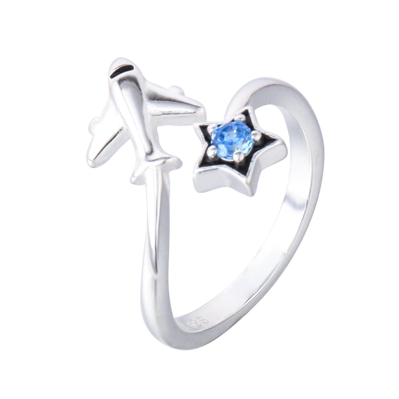 021-S925 silver enamel blue zircon star and airplane cute ring