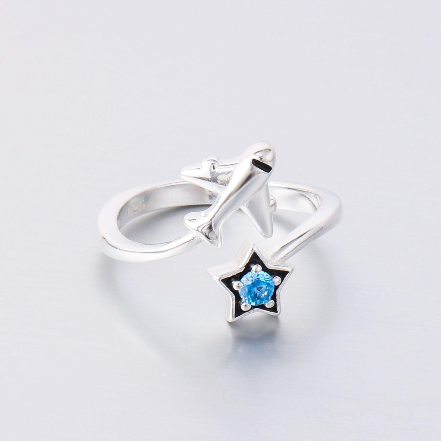 021-S925 silver enamel blue zircon star and airplane cute ring