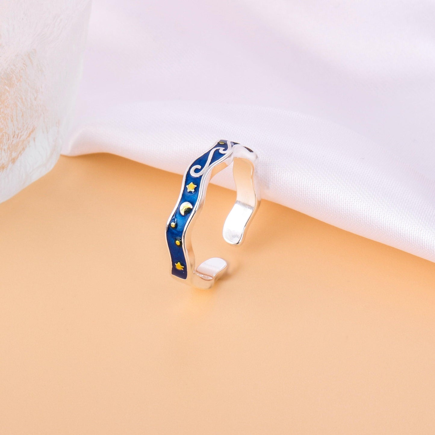 043-Blue enameled wave ring with Van Gogh's Starry Night, gold stars | 925 open silver rings