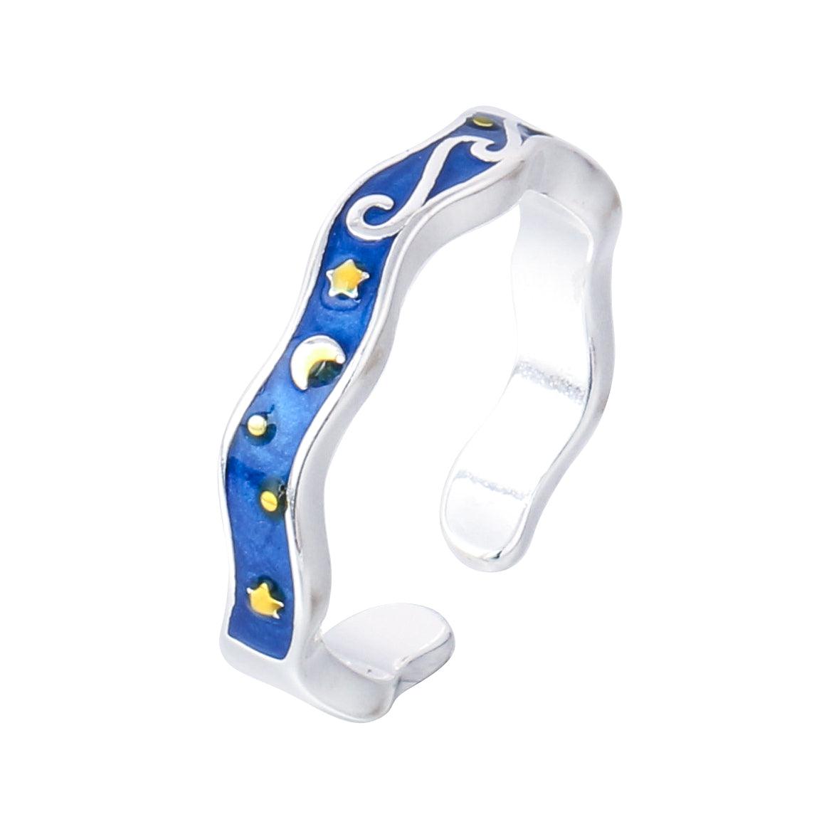 043-Blue enameled wave ring with Van Gogh's Starry Night, gold stars | 925 open silver rings