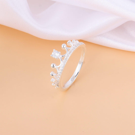 029-S925 silver white zircon simple crown shaped ring