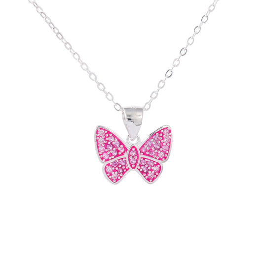031-S925 Silver Pink Enamel Zircon Butterfly Necklace