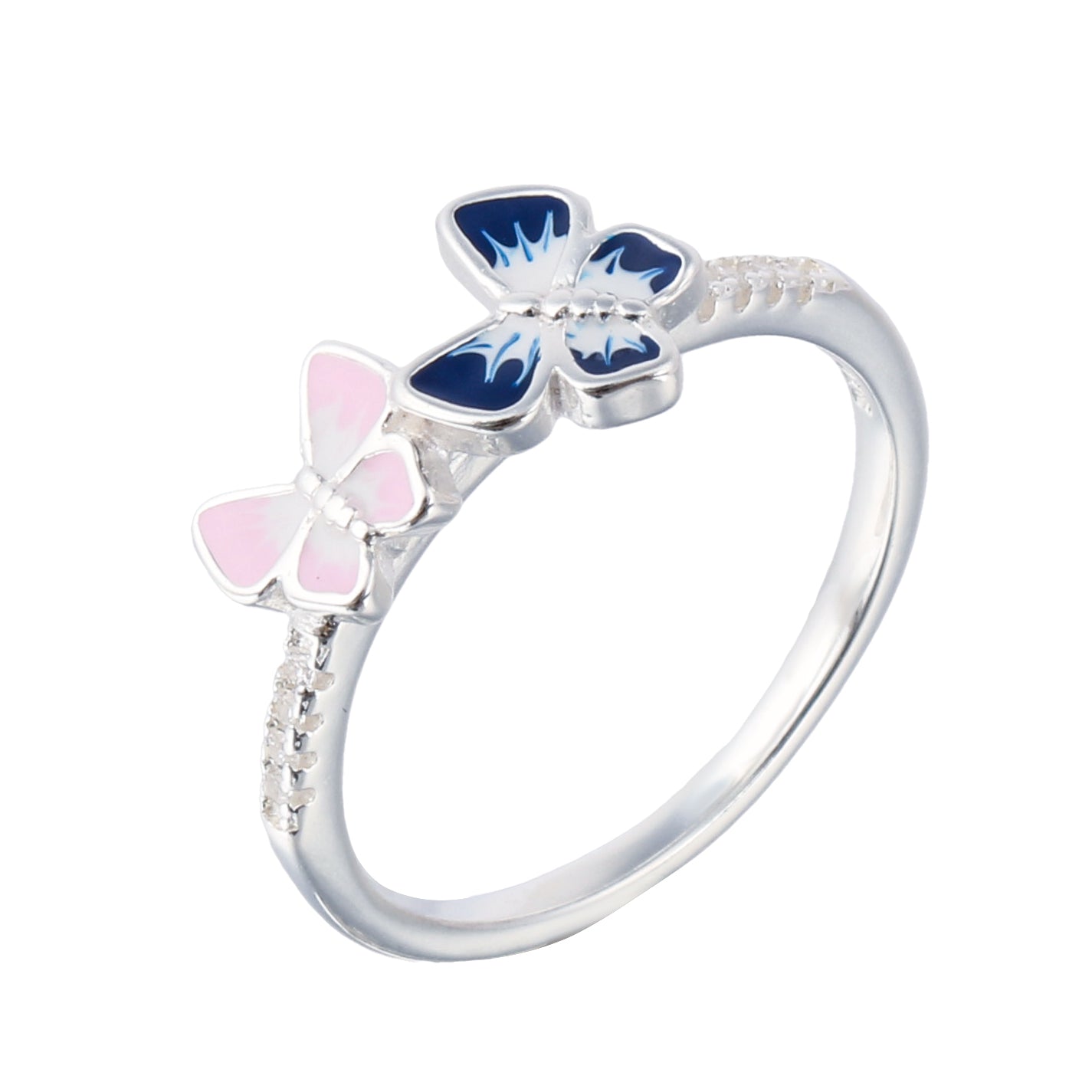 032-S925 Silver Enamel Butterfly Snuggling Ring: Romance and Elegance Entwined