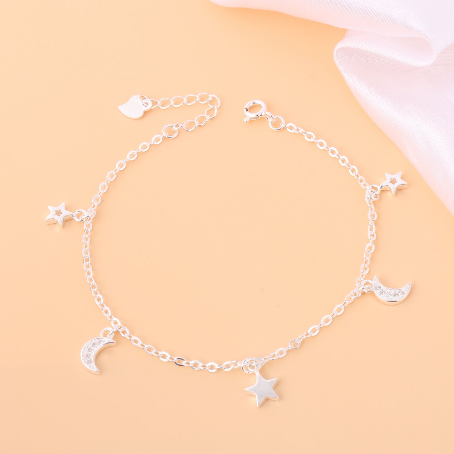 035-S925 Silver White Zircon Star Moon Women's Bracelet