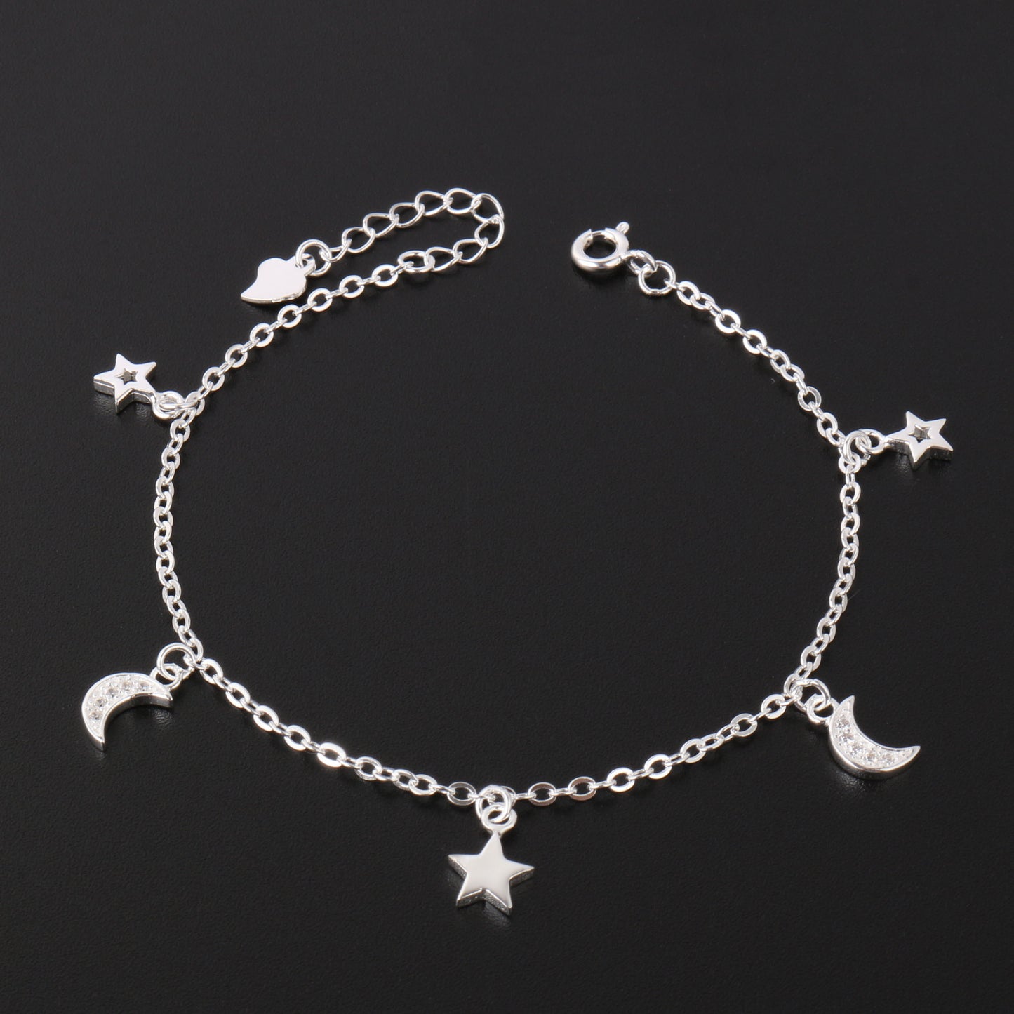035-S925 Silver White Zircon Star Moon Women's Bracelet