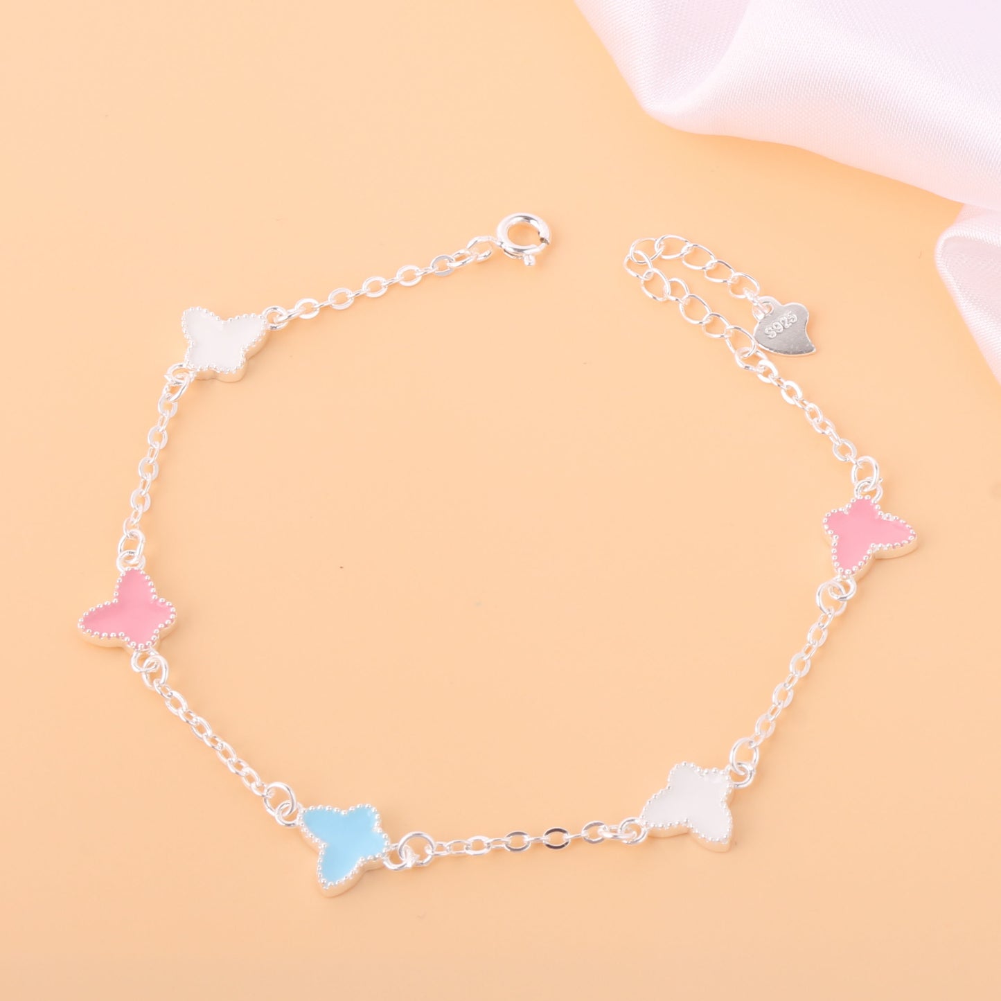 039-S925 Silver Colored Porcelain Glazed Butterfly Women's Bracelet