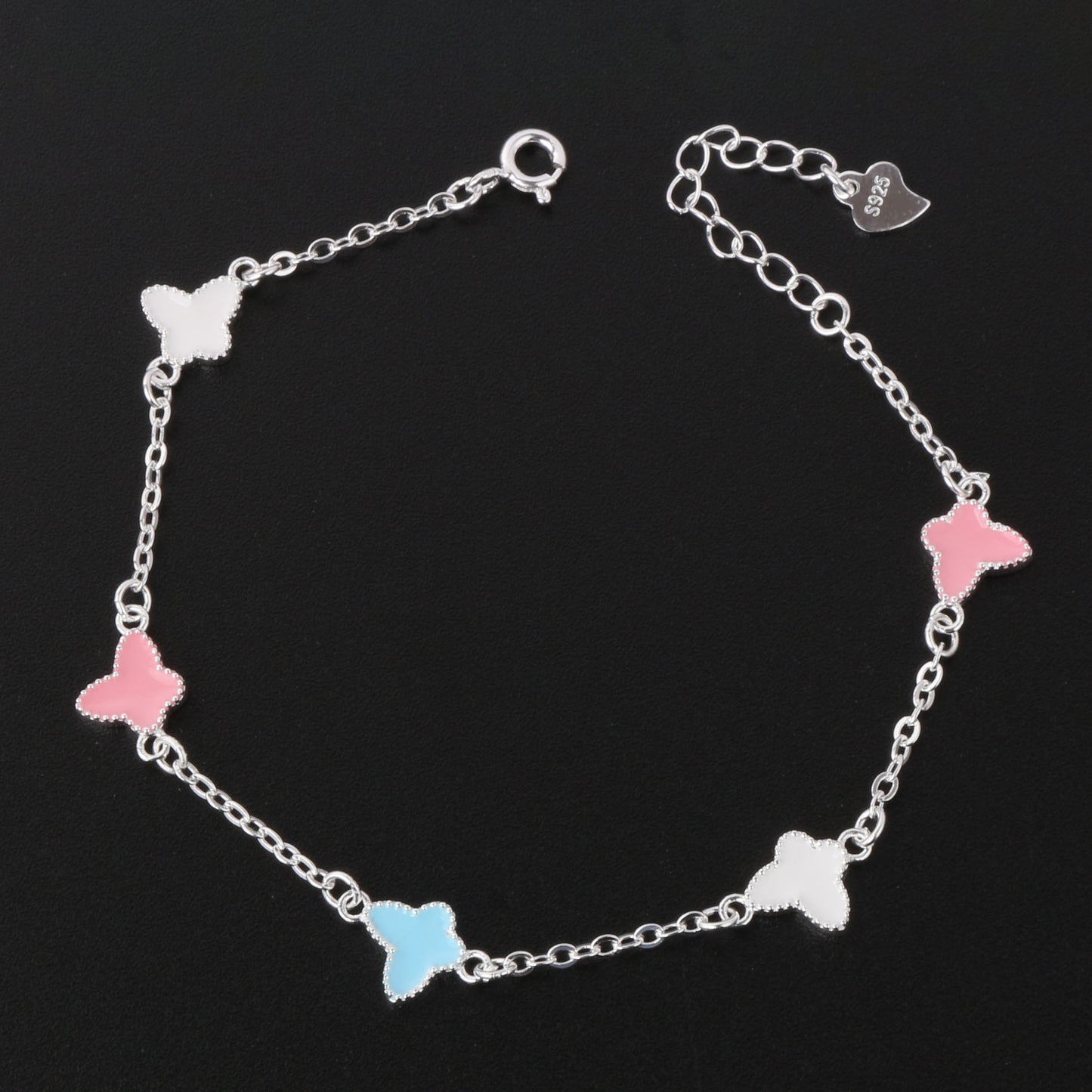 039-S925 Silver Colored Porcelain Glazed Butterfly Women's Bracelet